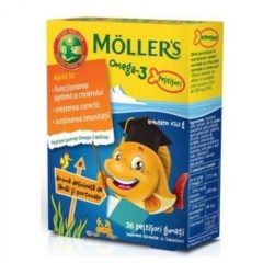 Moller's Omega 3 Pestisori gumati cu aroma de lamai si portocale, 36 jeleuri, Orkla Health